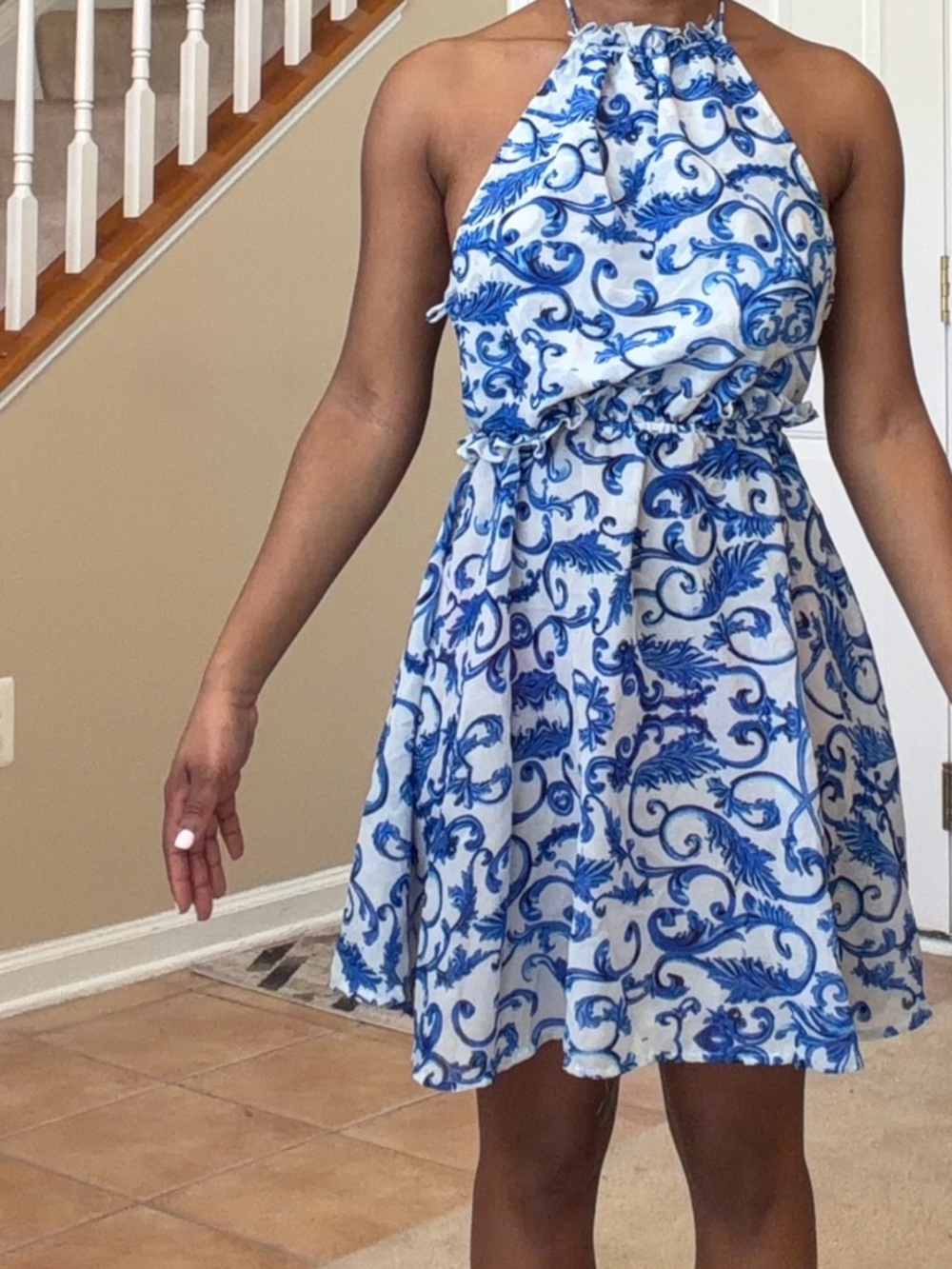 Boohoo Petite Blue & White Backless Halter Dress
